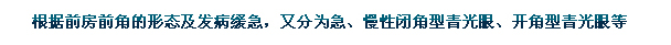 根據(jù)前房前角的形態(tài)及發(fā)病緩急，又分為急、慢性閉角型青光眼、開角型青光眼等。